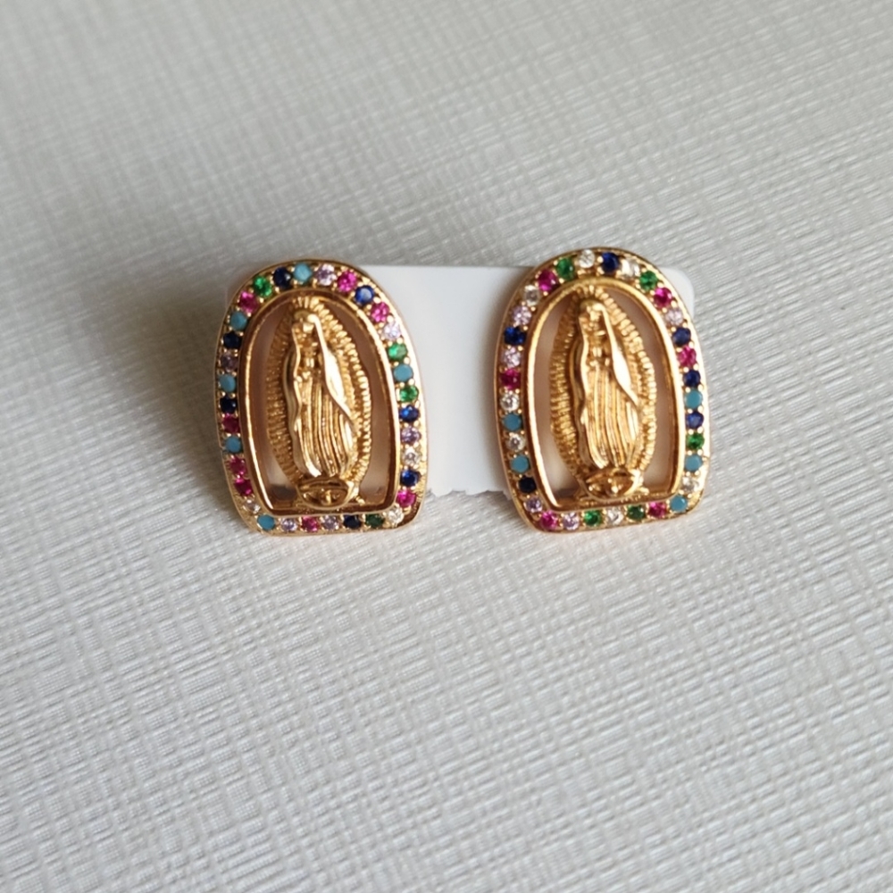 OUR LADY OF GUADALUPE Stud Earrings  Rhinestones Gold Tone New! Free Gift Box